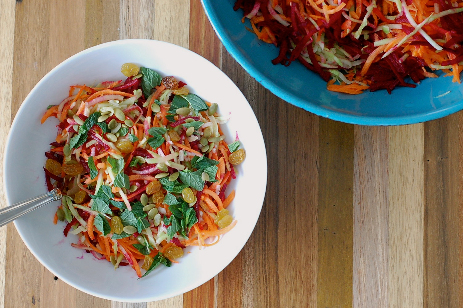 Root Vegetable Slaw with Pumpkin Seeds, Mint, and Raisins