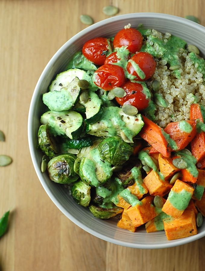 Roasted Vegetable Quinoa Bowls with Basil Yogurt Dressing