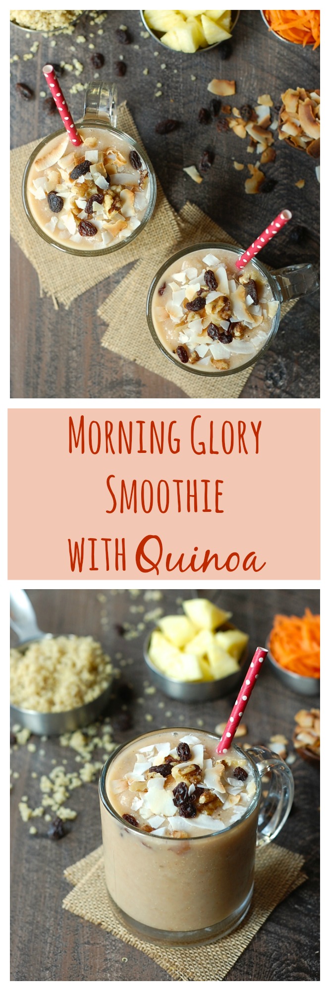 All the flavors of a morning glory muffin (carrot, pineapple, coconut, raisins, and walnuts) in a delicious, vegan, gluten-free smoothie. It's made extra healthy with a surprise ingredient--quinoa!