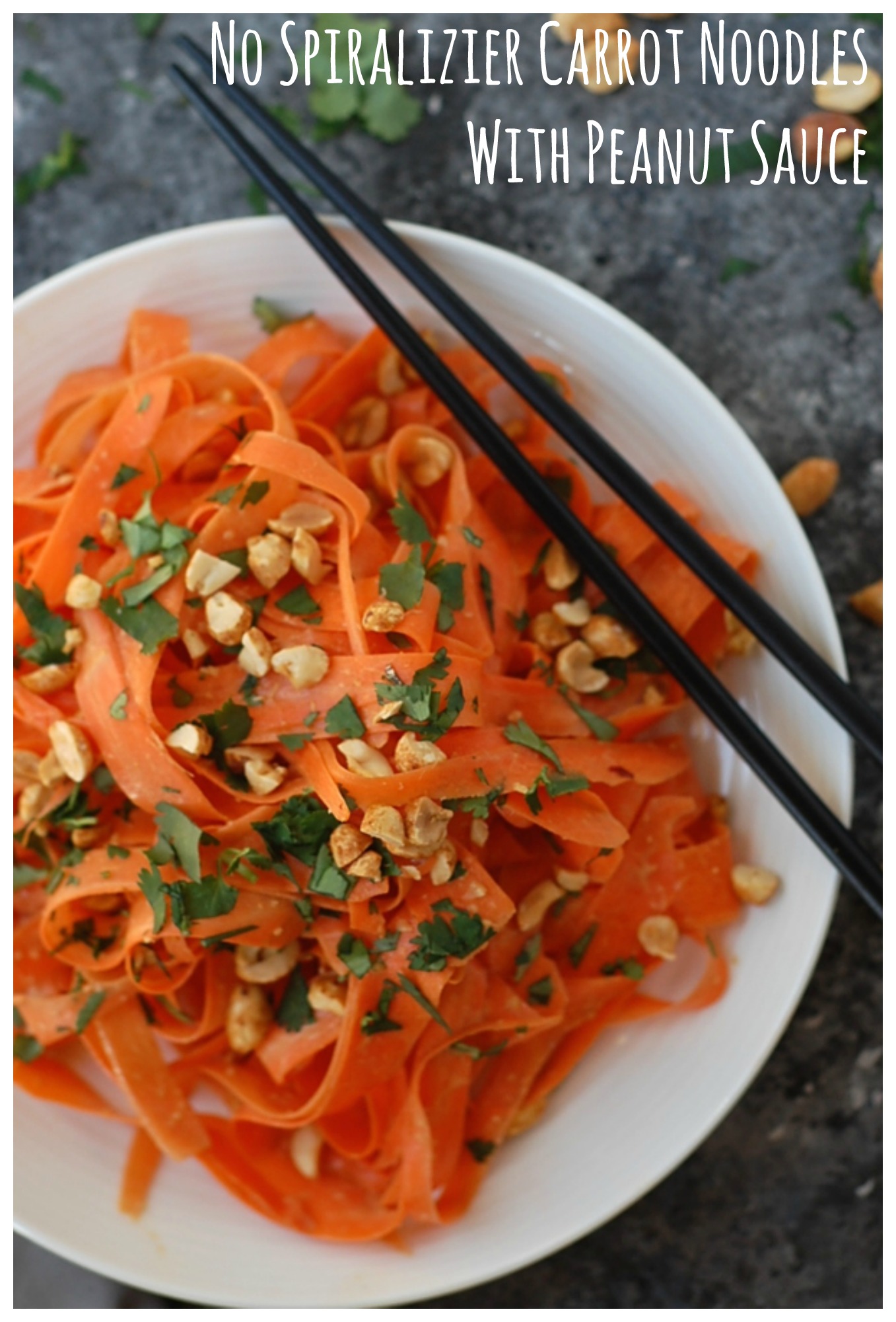 Raw carrot noodles topped with an easy, spicy peanut sauce. Vegan, gluten-free, and no spiralizer required!