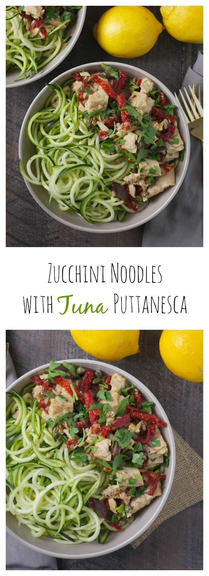 Looking for a 10-minute, protein-packed, gluten-free dinner? Look no further! Zucchini noodles with tuna puttanesca is your new favorite weeknight meal! #OnlyAlbacore #CG #BumbleBeeTuna