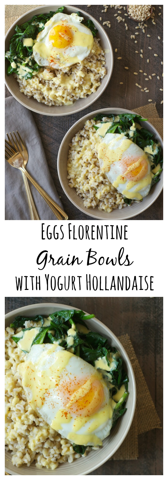 These eggs Florentine grain bowls are topped with a light and healthy yogurt hollandaise. Delicious for weekend brunch, yet simple enough for a weeknight dinner!