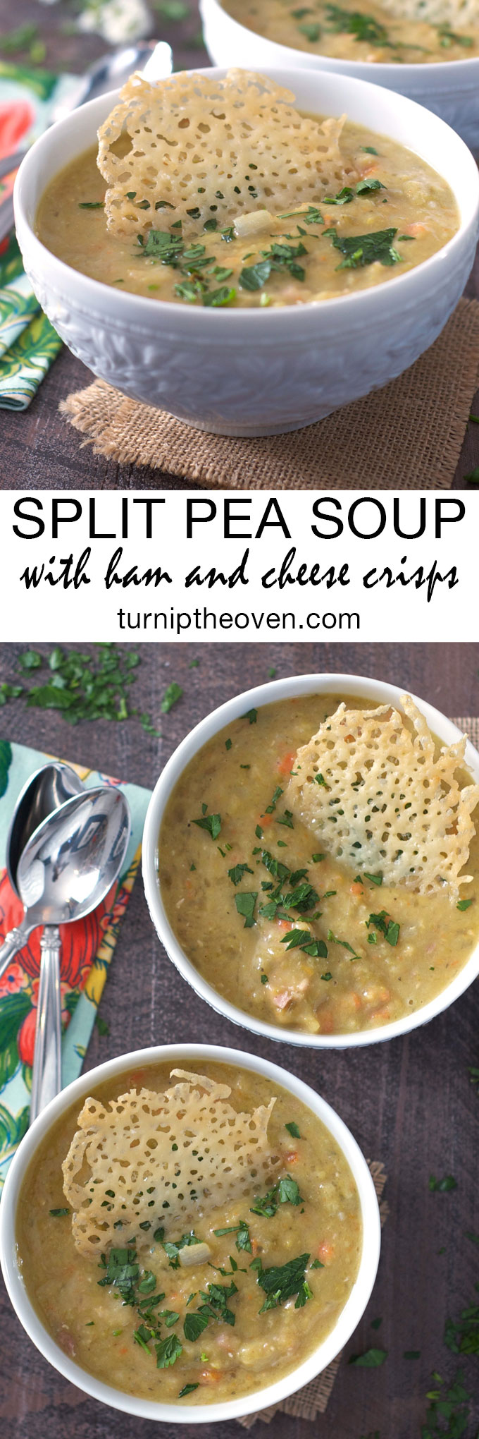 This delicious, wholesome, gluten-free split pea soup is the perfect way to use up leftover holiday ham, and the simple cheese crisps make it oh-so-elegant!