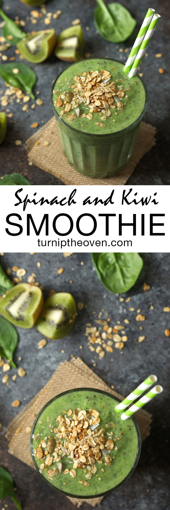 Start your morning off right with the tropical green smoothie made with spinach and kiwi. It's vegan and gluten-free, and a great way to include all-natural fruits and veggies into your daily routine!