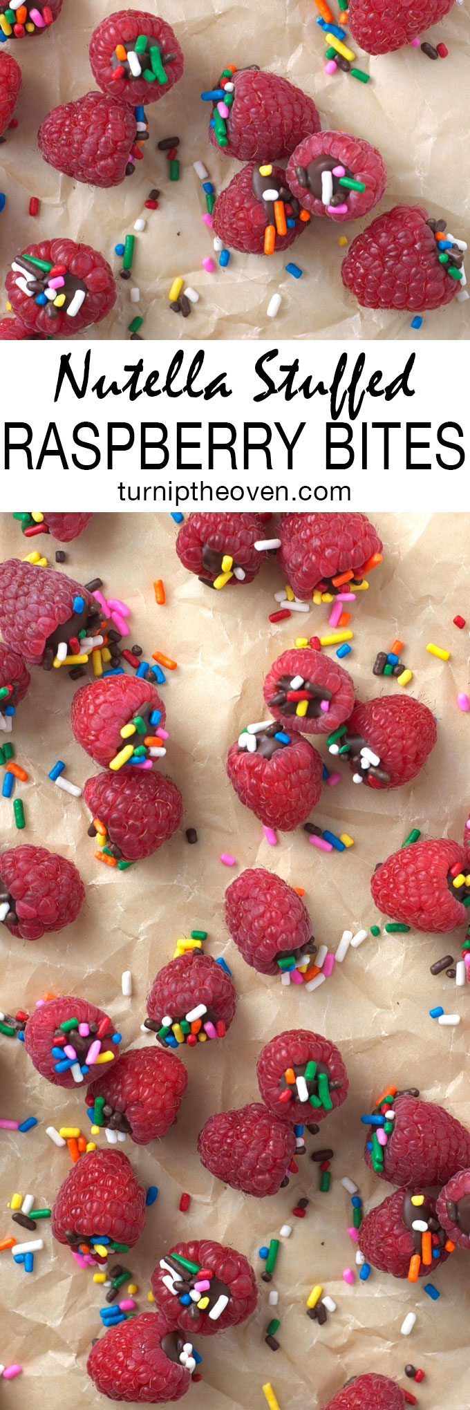 These easy, irresistible chocolate and Nutella stuffed raspberries are the perfect one-bite dessert. With only four simple ingredients (including rainbow sprinkles) they are a great cooking project for kids. Plus, with only 20 calories each, you can feel good about eating them too!