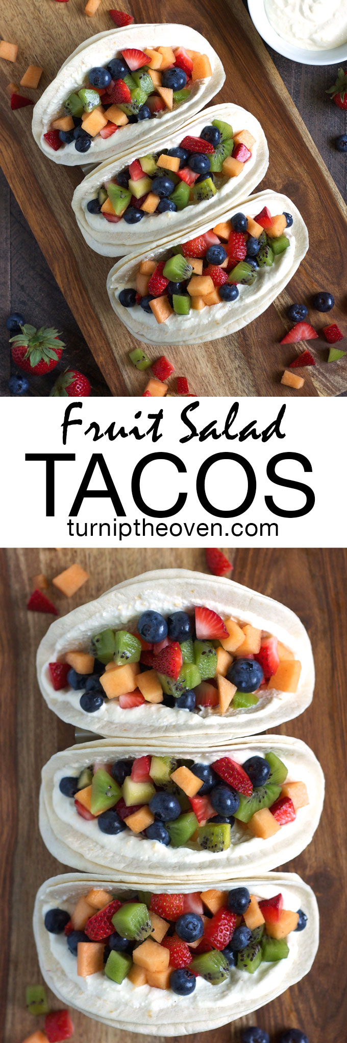 Fit more protein, calcium, and fresh fruit into your morning routine with these easy, healthy breakfast tacos slathered with honey whipped cottage cheese and piled high with fruit salad.