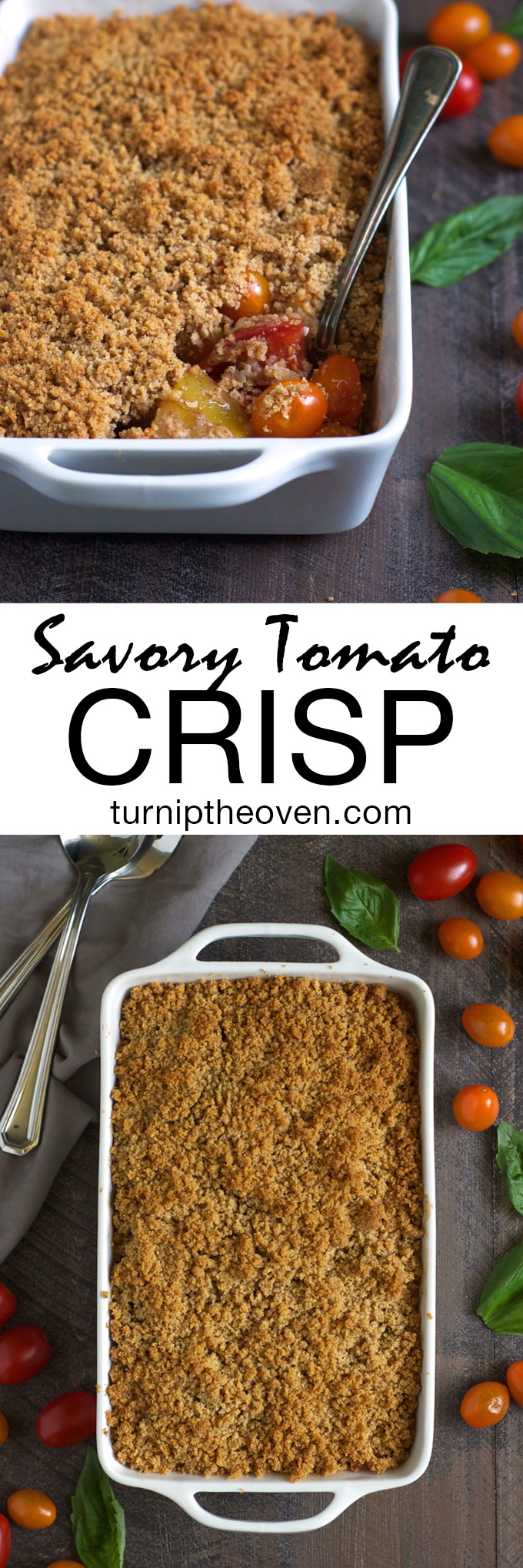 This savory tomato crisp is flavored with balsamic vinegar, fresh garlic, and loads of buttery cracker crumbles. It's the perfect easy, elegant, healthy vegetarian dish!