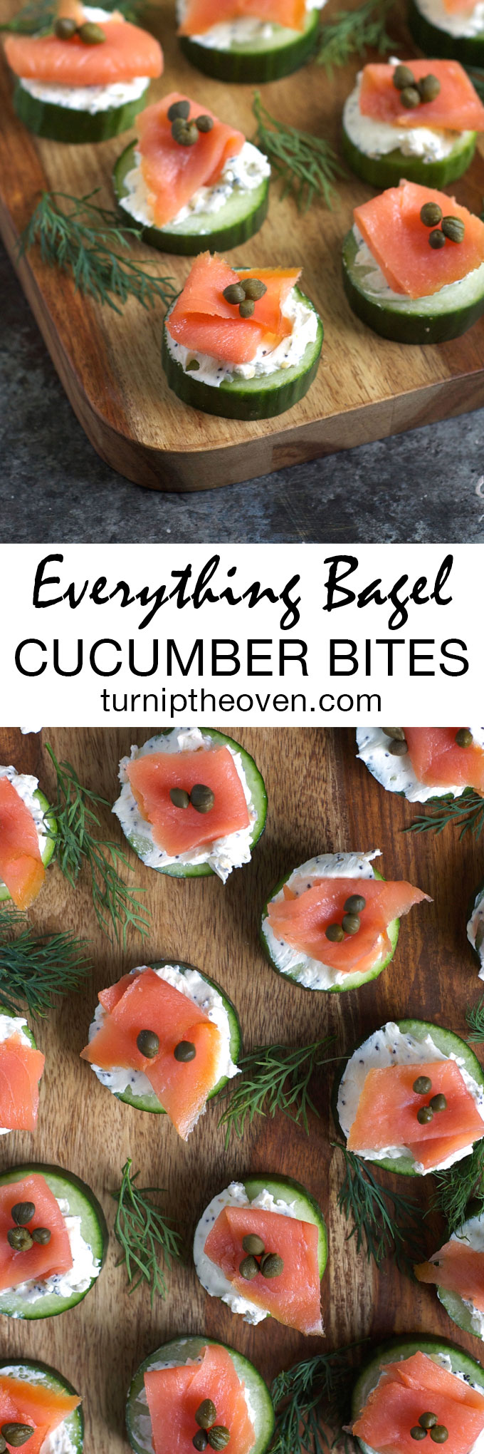 These easy, healthy, and gluten-free cucumber bites are topped with everything bagel-flavored cream cheese and smoked salmon. They just might be the perfect party appetizer!