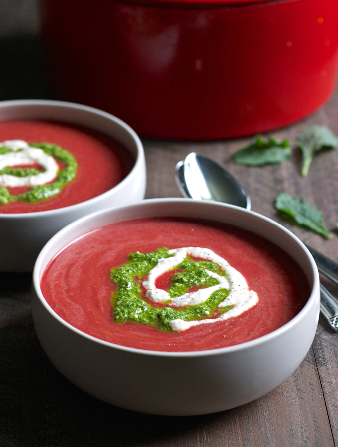 Chilled Tomato Beet Soup with Pesto