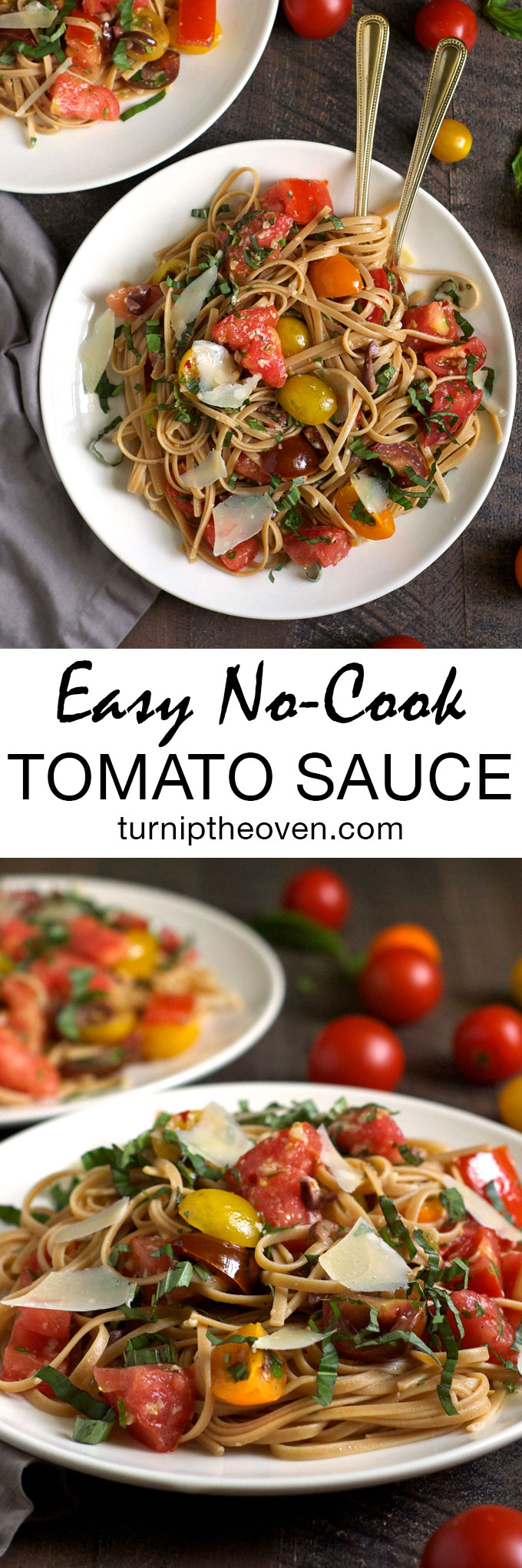 This easy, healthy, no-cook tomato sauce makes the perfect summer meal when tossed with pasta. Juicy ripe tomatoes, garlic, basil, and tons of Parmesan cheese. So simple you can whip it up in 10 minutes flat!
