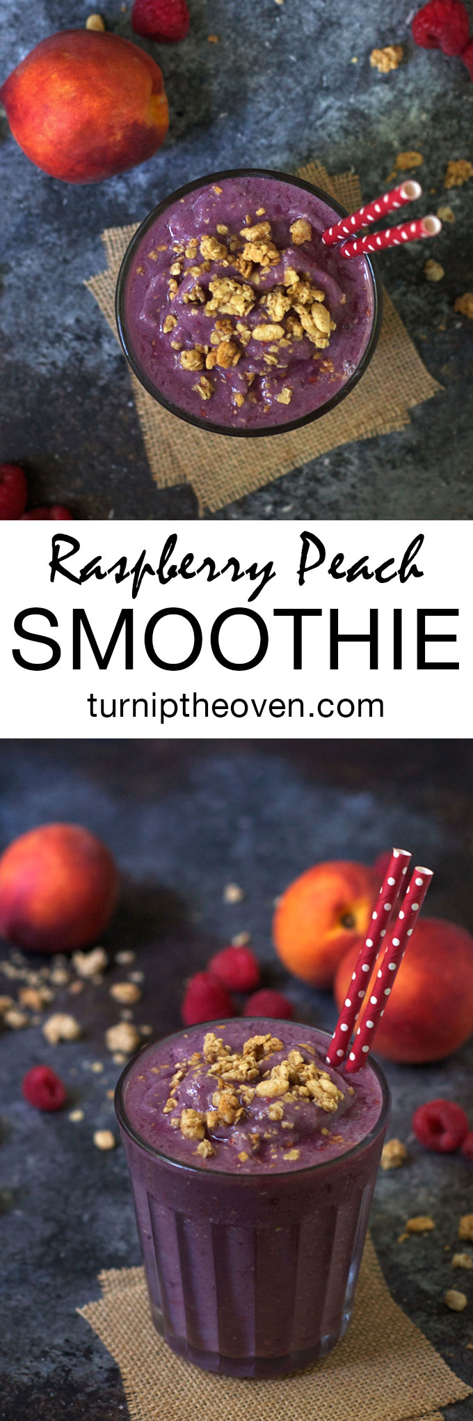This gluten-free, vegan smoothie is bursting with juicy raspberry and peach flavor! Use either fresh or frozen fruit for a satisfying and healthy breakfast, any time of the year.
