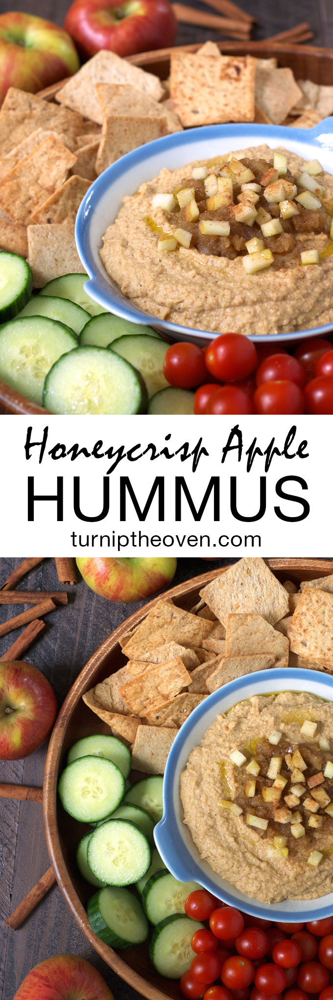 This honeycrisp apple hummus is the perfect kid-friendly, quick and healthy dip. Apples, cinnamon, and almond butter are blended into traditional hummus for a fantastic new flavor that's also vegan and gluten-free!
