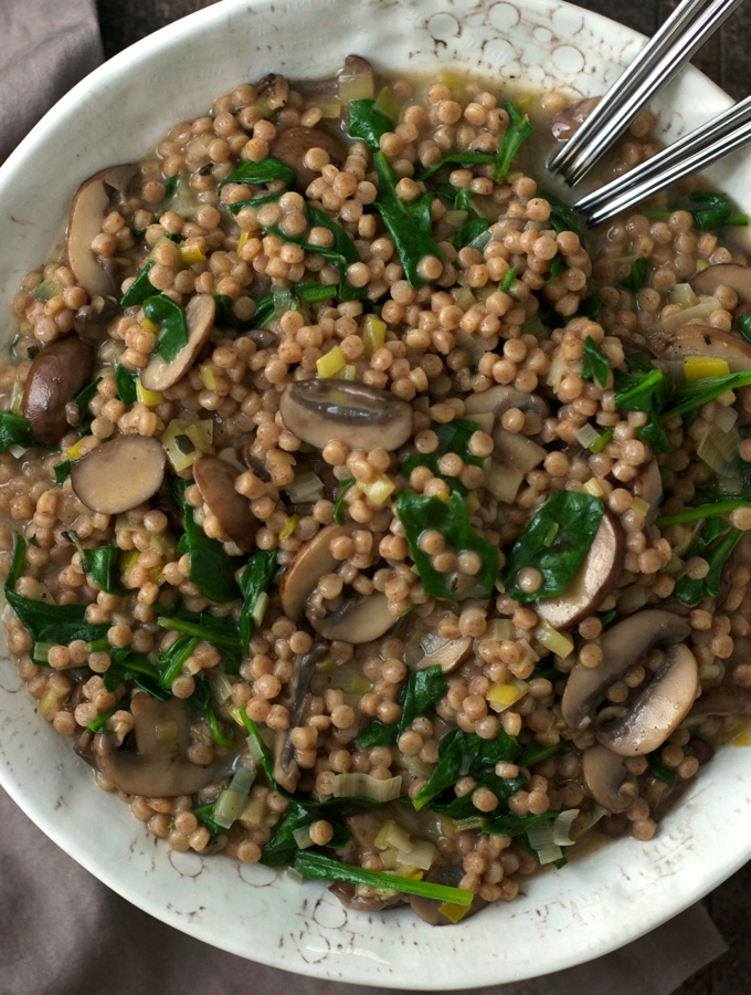 Israeli Couscous Risotto with Mushrooms and Spinach