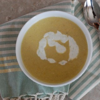 Vegan corn soup with coconut-lime cream