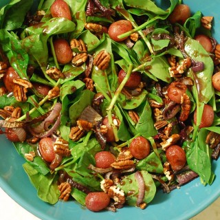 Spinach Salad with Roasted Grapes and Warm Balsamic-Grape Vinaigrette
