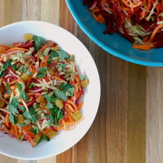Root Vegetable Slaw with Pumpkin Seeds, Mint, and Raisins